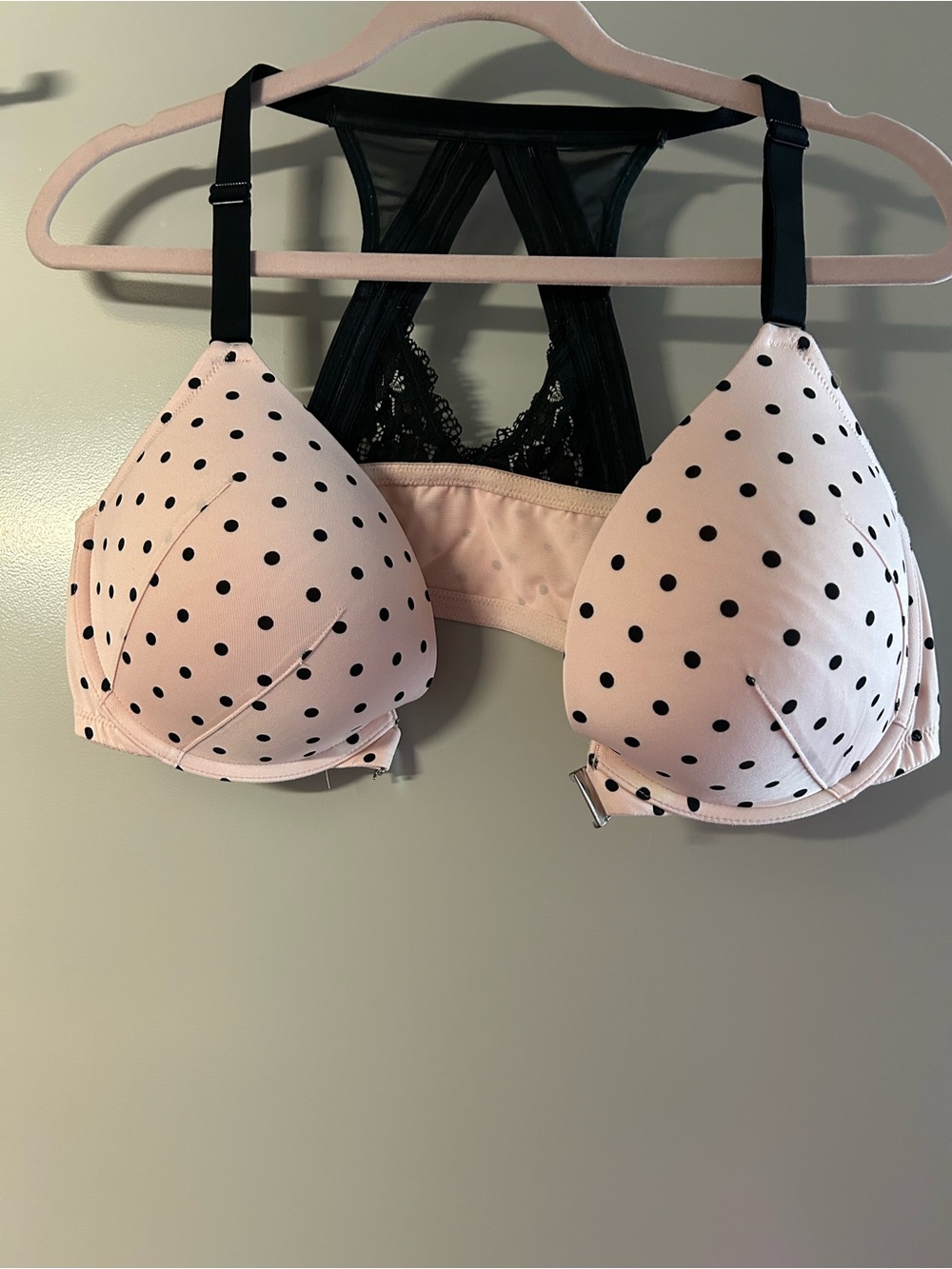 Cacique Pink and Black Polka Dot Racerback Push-Up Bra